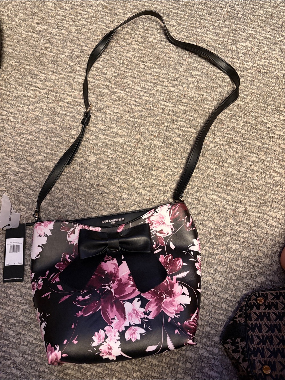 Karl Lagerfeld Black Floral Crossbody Bag with Pink Blooms